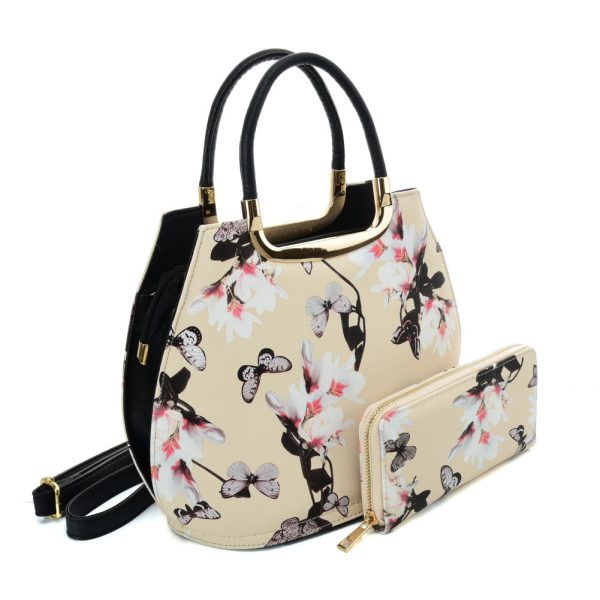 VK5630-KHAKI - Shell Set Bag With Flowers And Butterflies And Special Handle Design For Discount