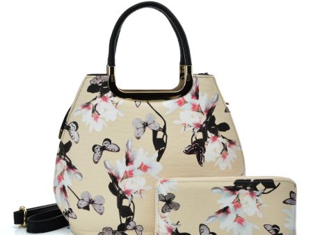 VK5630-KHAKI - Shell Set Bag With Flowers And Butterflies And Special Handle Design For Discount