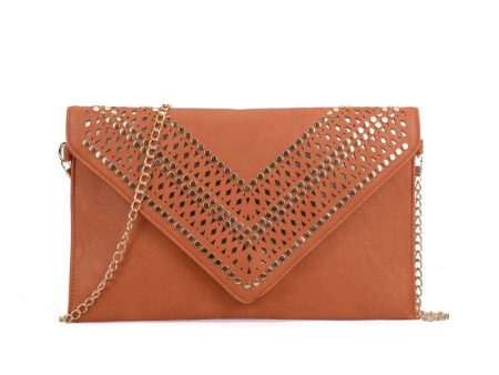 VK5292 Earth Yellow - Studded Hollow Clutch Bag With Chain Shoulder Strap Online Sale